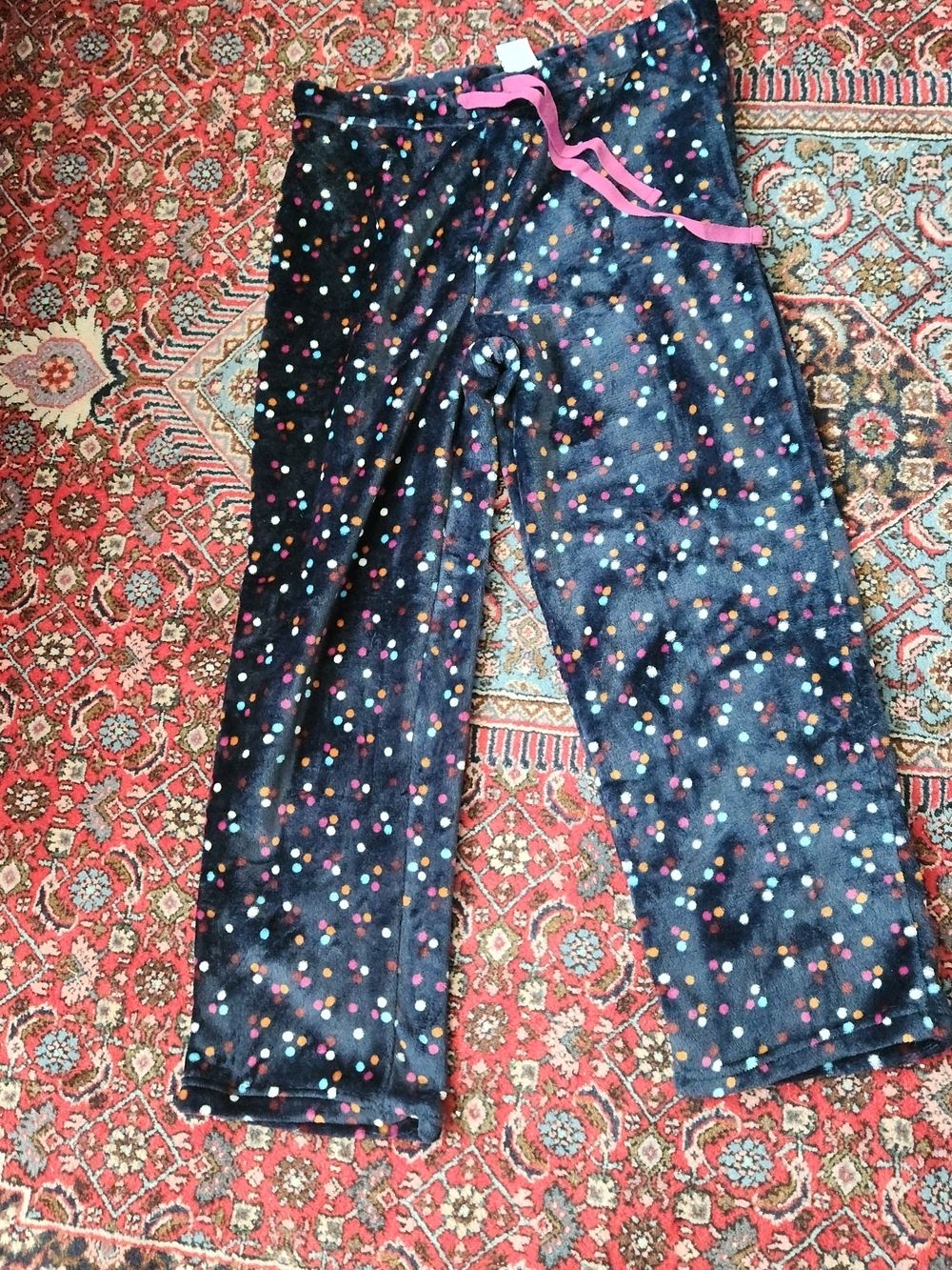 Fruit of the Loom Black Polka Dot Pajama Pants with Pink Drawstring Large
